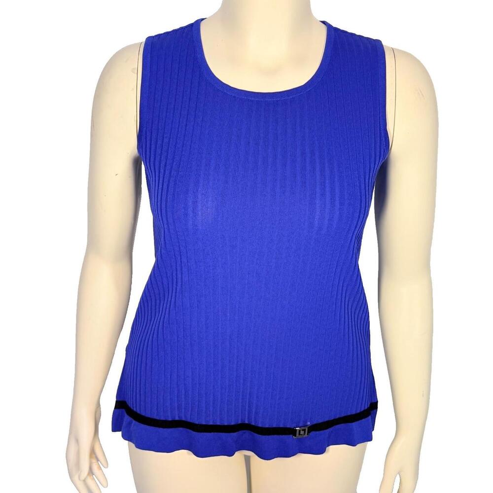 Misook Royal Blue Ribbed Seater Tank Top Women's M Black Stripe on Hem
